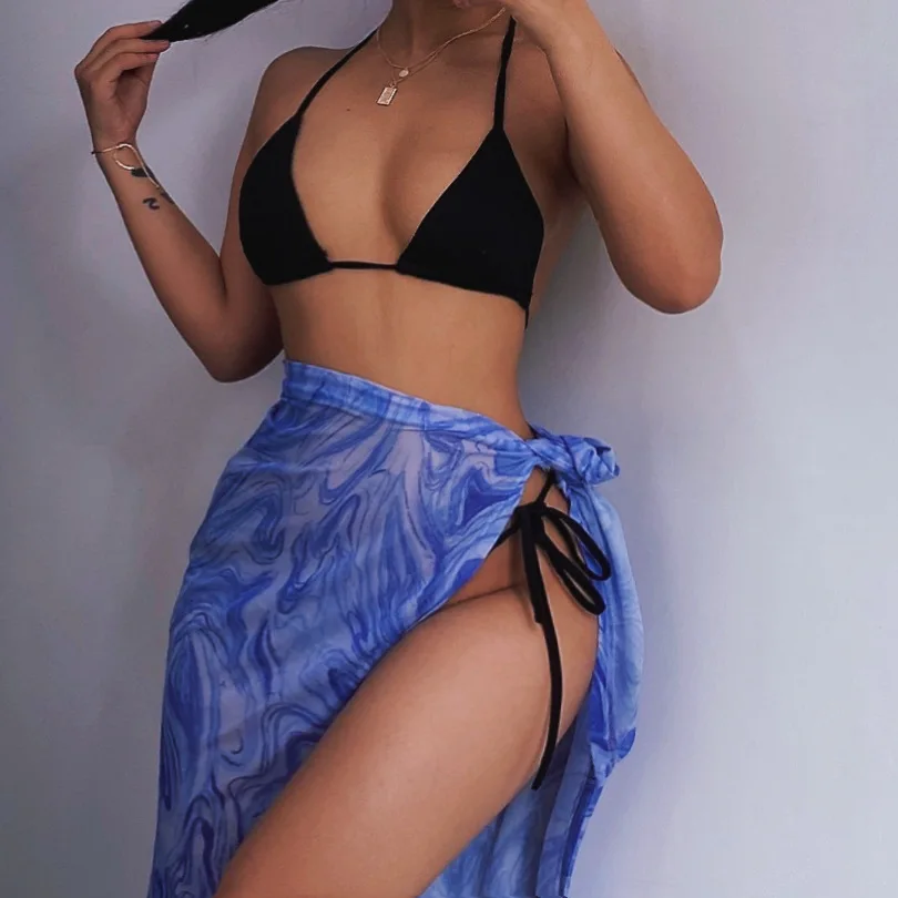 Women Sexy High Waist Abstract Striped Print Swimsuit Wrap Skirt Bikini Cover Up Mesh Beach Sarongs Soft Comfortable For Summer bikini cover up dress