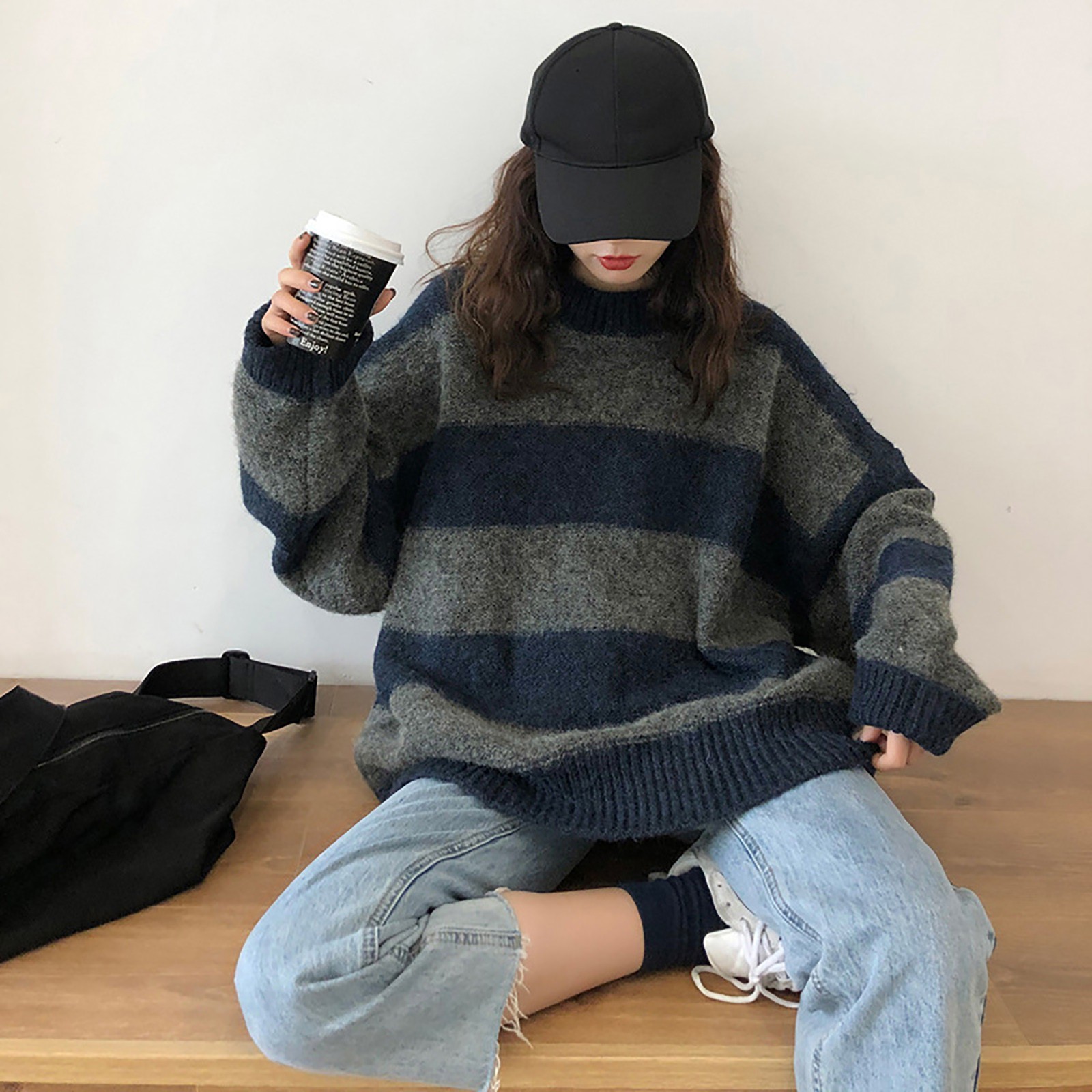 solto, streetwear de malha, manga comprida, jumper casual, outono