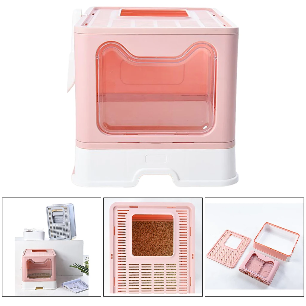 Portable Cat Litter Box with Lid Large Foldable Cats Litter Tray with Top Entry Pet Toilet with Scoop for Travel Car