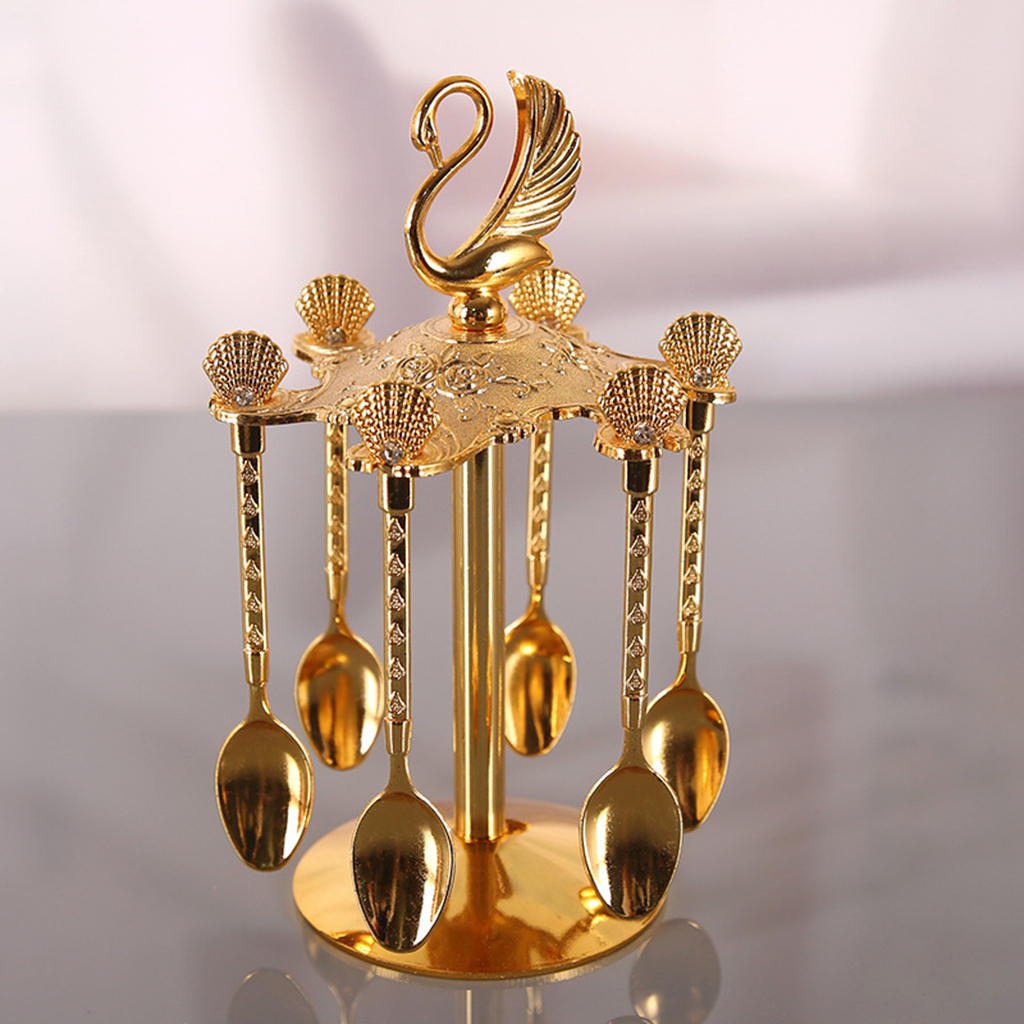 Metal Swan Base Holder and 6 Spoons Jam Spoons Kitchen Dinnerware Set for Stirring Sugar Dessert Ice Cream Coffee