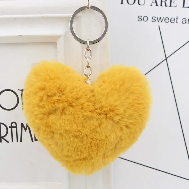 CrazyHouseTees Fuzzy Fluffy Heart Shape Pom Poms Key Ring Faux Rabbit Fur Pompoms, in The USA