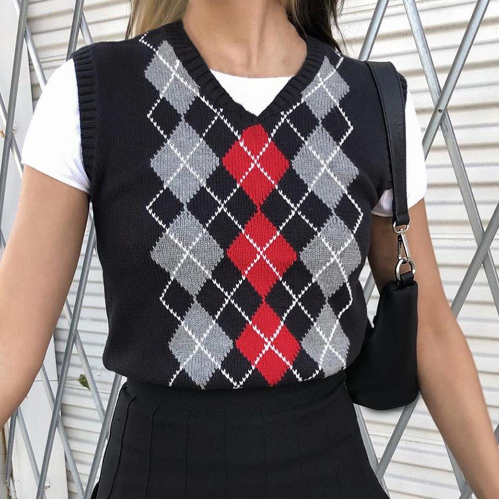 Preppy Style Plaid Sweater Vest Women 