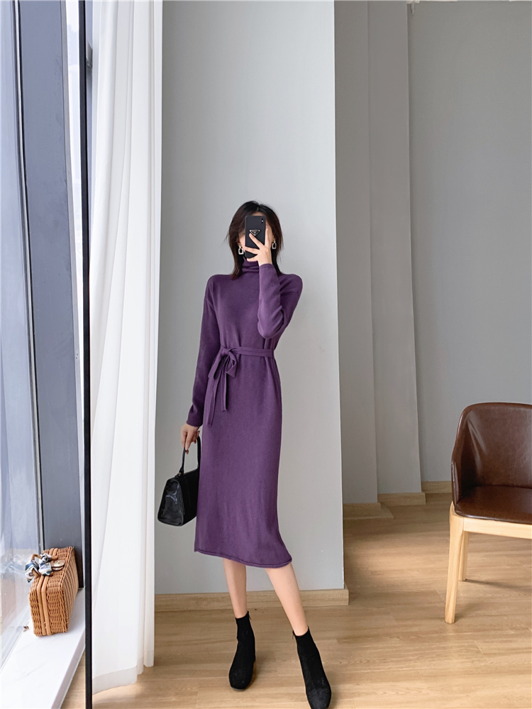 2021 frauen Winter Lila Pullover Kleid Weibliche Mit Schärpen Rollkragen  Knie länge Gestrickte Kleid Ein Stück Damen Koreanische Kleider|Dresses| -  AliExpress