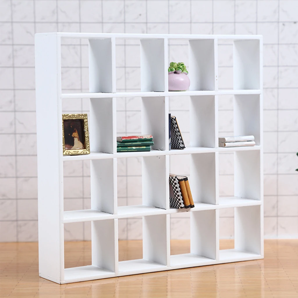 Handmade Mini Birch Wooden Storage Rack 16-Grid Display Shelf Bookcase Stand 1:12 Scale Dollhouse Furniture Ornament