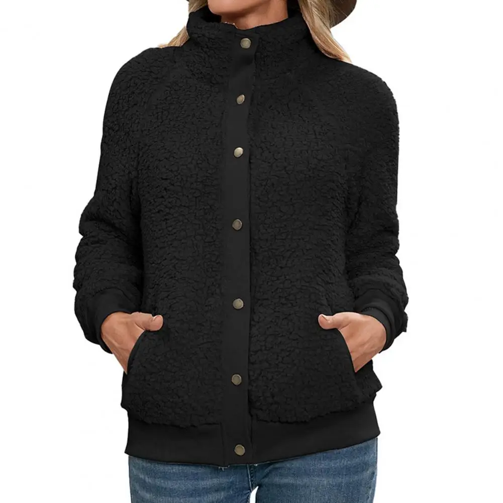 botões fechamento bolsos laterais velo jaqueta feminina gola quente casaco cardigan outerwear