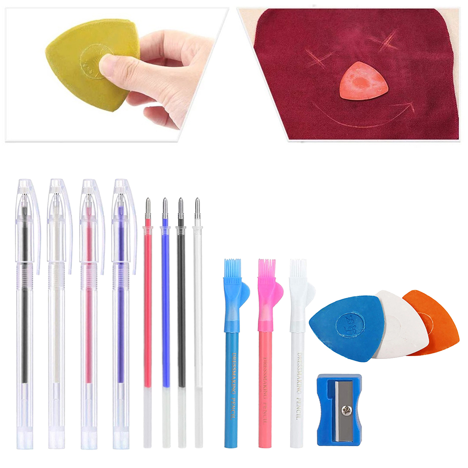 4pcs Heat Erasable Pens with 4pcs Refills, Fabric Marking Pencil Heat Erase Pens, Pencils, Chalk and Pencil sharpener