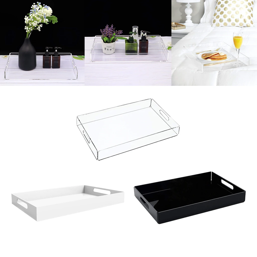 Acrylic Spill Proof Coffee Table Breakfast Tea Serve Food Tray with Handle - Black, White, Clear