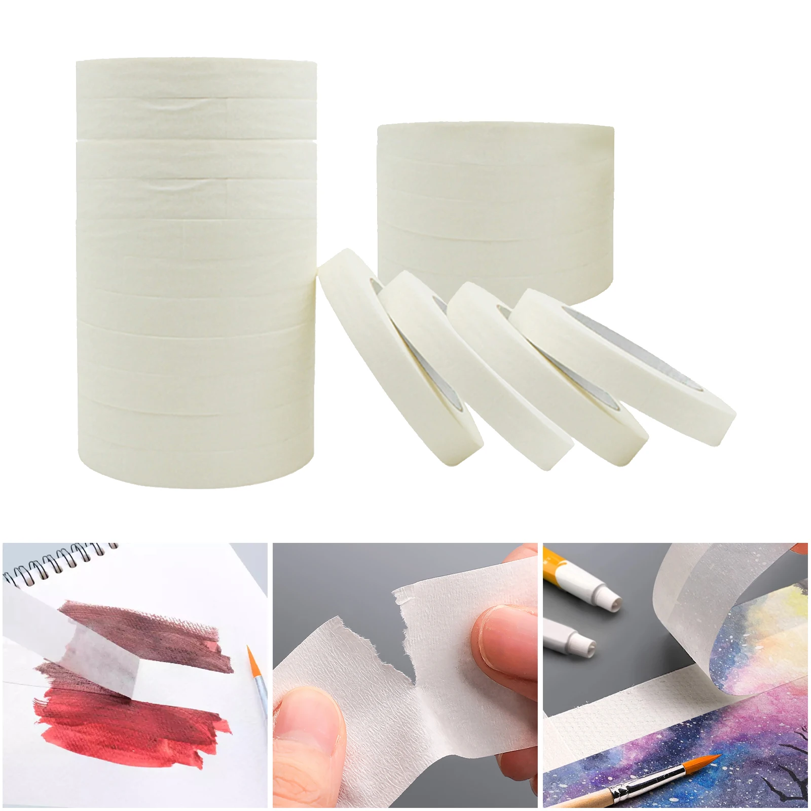 20Pack Masking Tape White Color 10/15/20mm Single Side Tape Adhesive Crepe Paper for Oil Painting Sketch Drawing Supplies