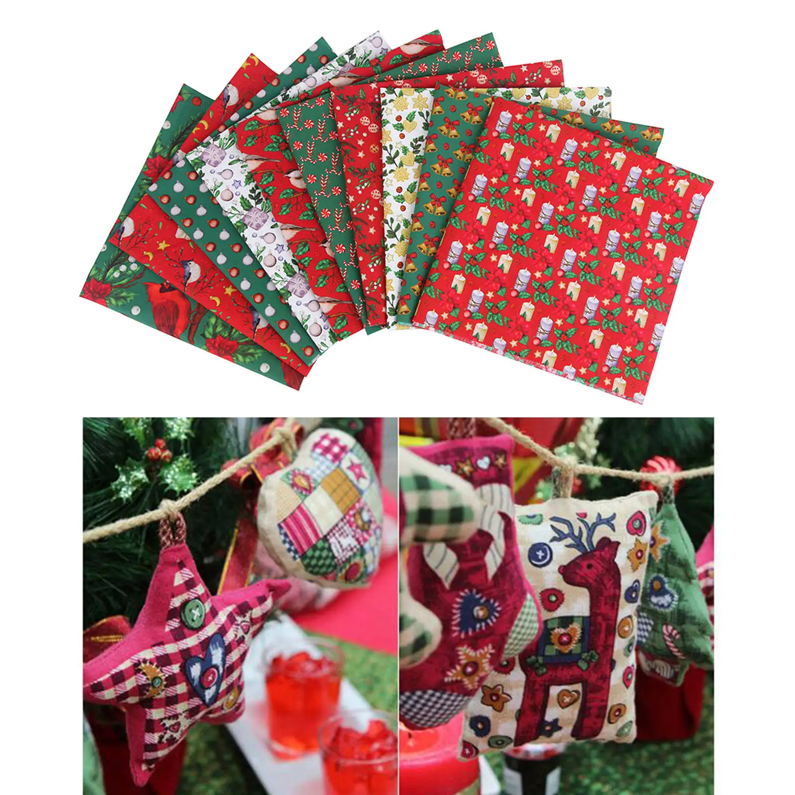 10pcs Christmas Fabric Quilting Sewing Fabric Patchwork Needlework Christmas Fabric Scraps for Dress Apron Crafts, 20 x 20 Inch