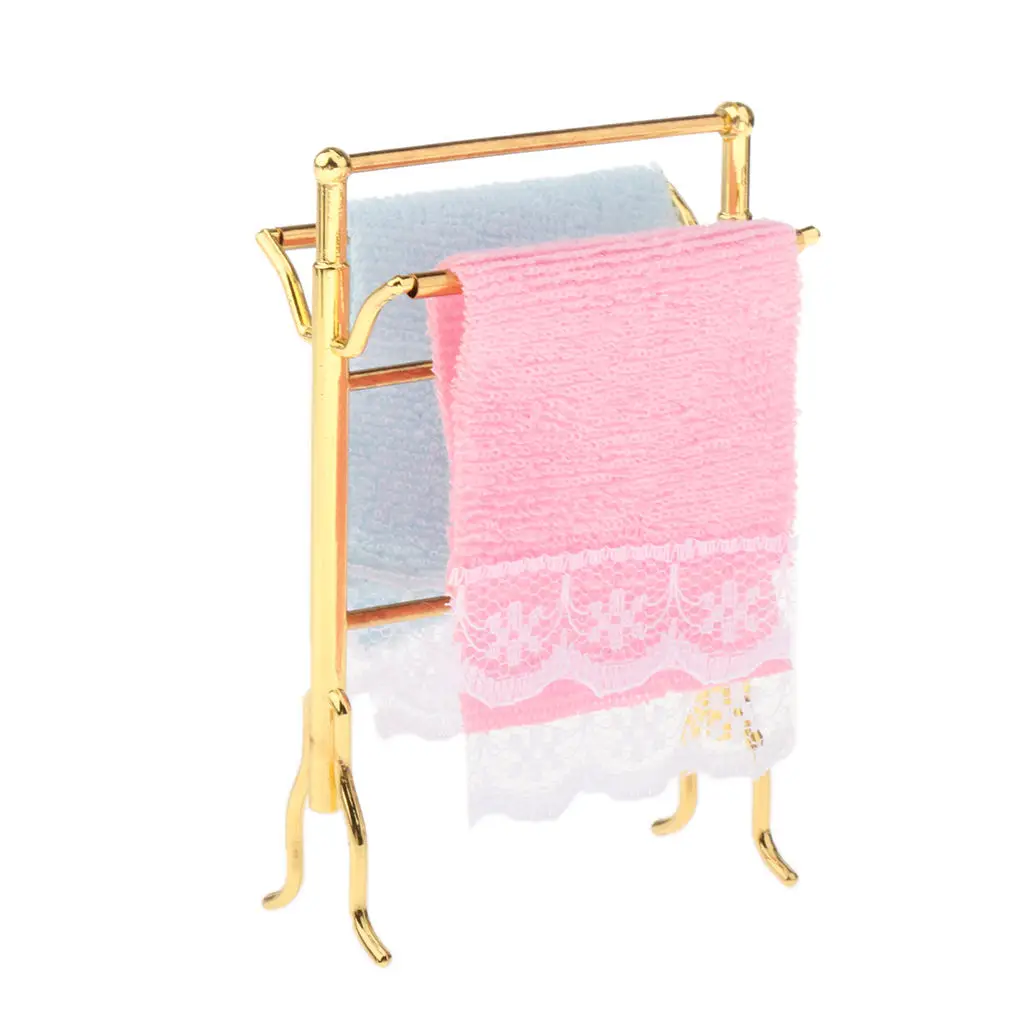 1:12 Scale Metal Free-Standing Hand Towel Drying Rack with 2 Towels for Dollhouse Bathroom, Laundry Room, Kitchen, 5.5x2.5x8cm