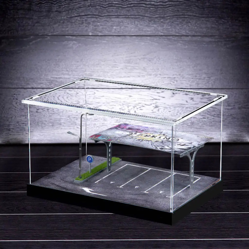 1/64 Scale Simulation Parking Lot Scene Model Car Garage with LED Lights Ornaments Clear Acrylic Dust Proof Box