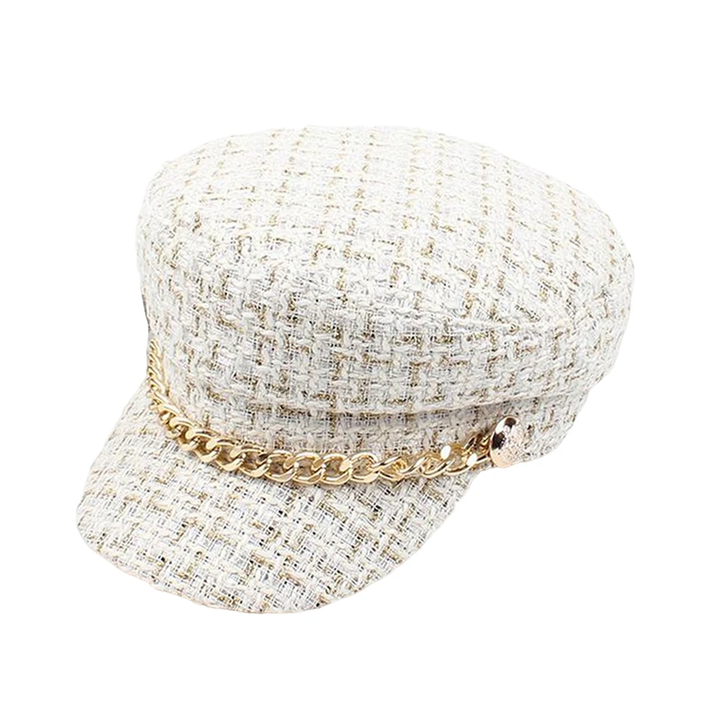 Women Plaid-Tweed Newsboy Hat Captain-Sailor Fisherman Hat Peaked-Beret Cap with Chain