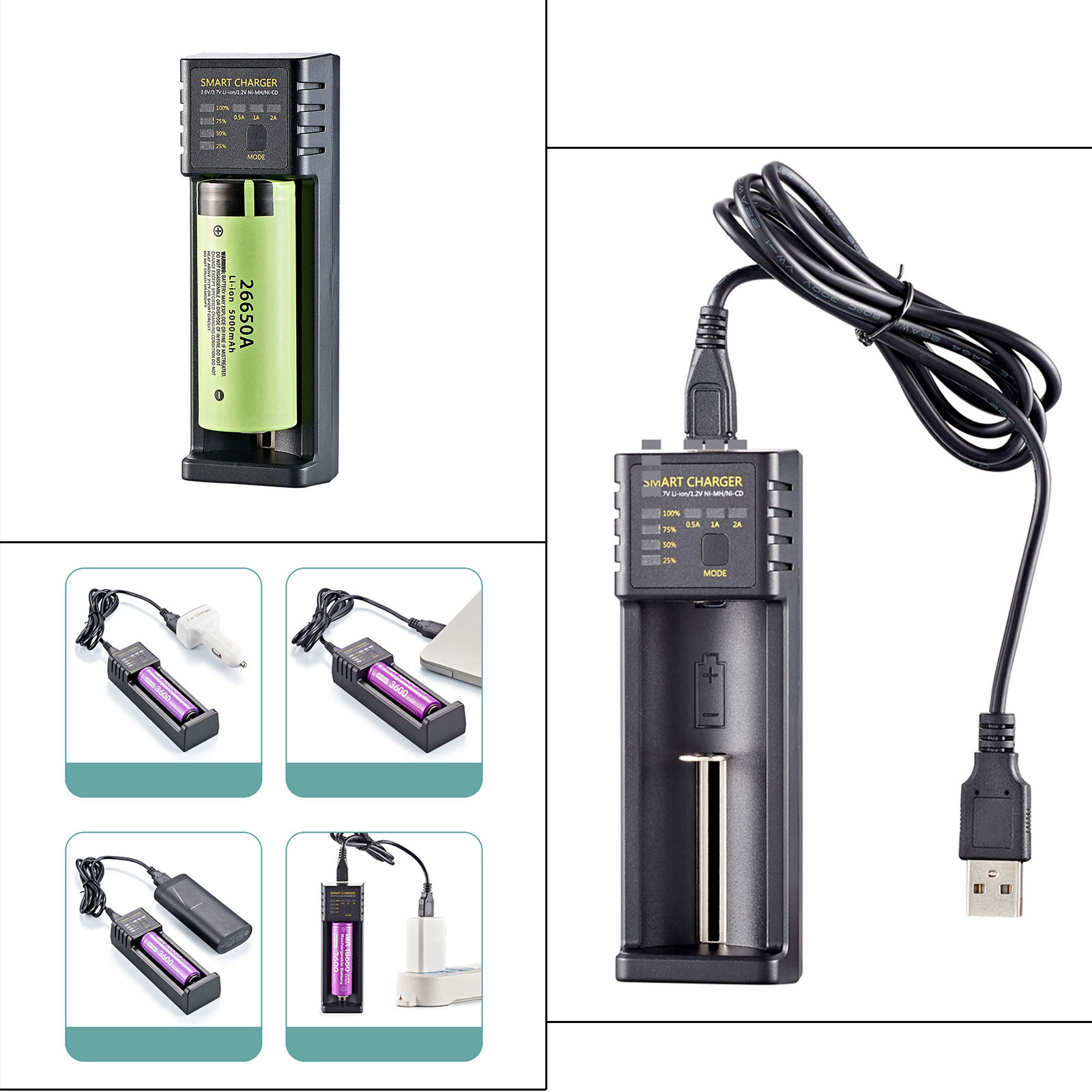 Universal 18650 Battery Charger 3.6V/3.7V LI-Ion Battery with USB Port 16340/17500/17670 One Slot 10400/14500/14650 Lithium