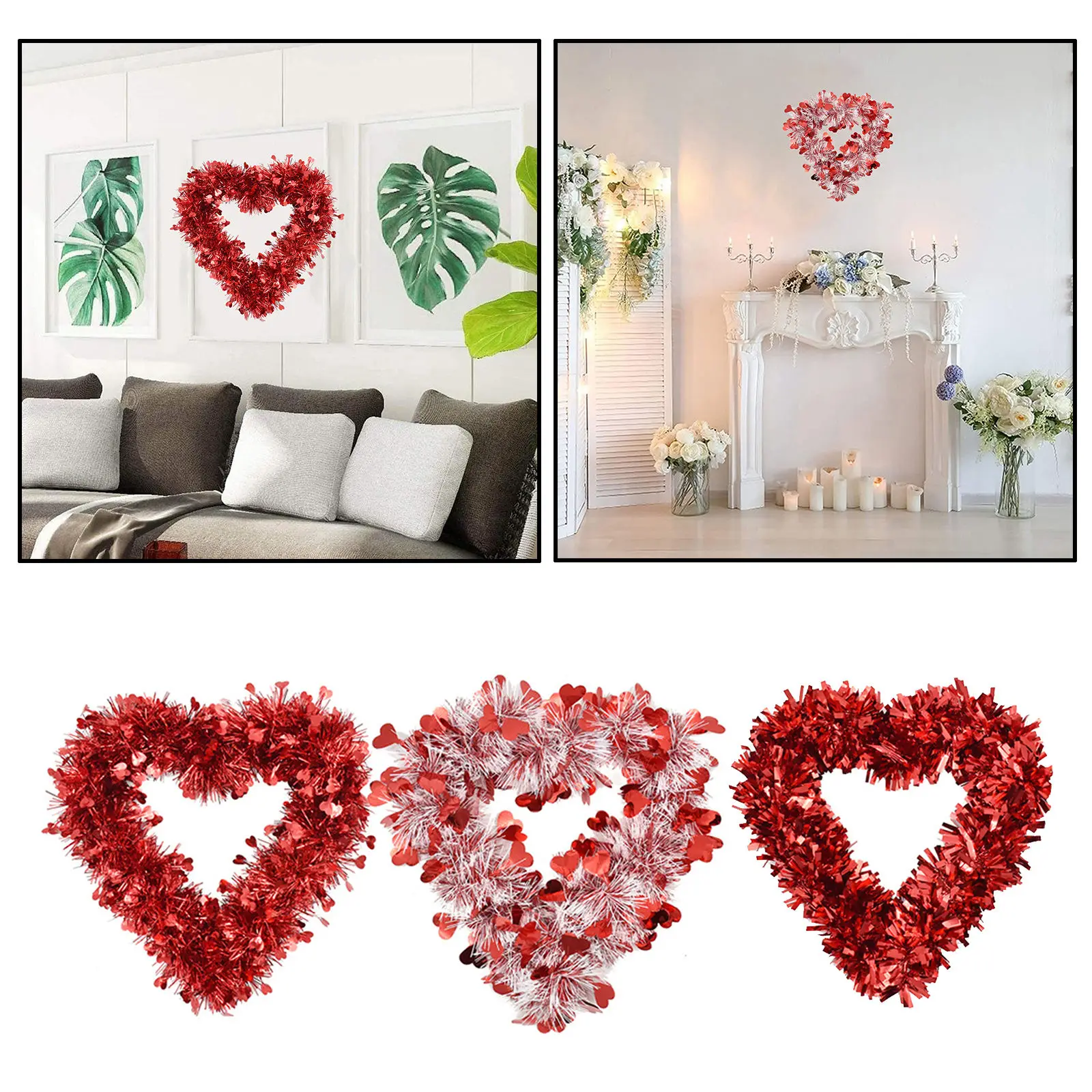 Valentine Heart Wreaths Red Tinsel Garland Decorations for Wedding Birthday Party Front Door ing Wall Window Mantel Decor