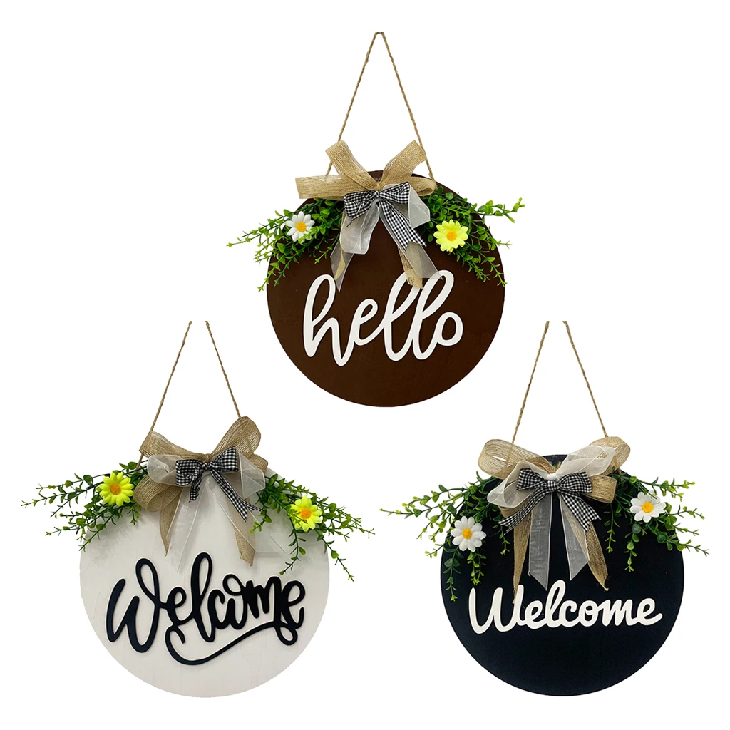 Rustic Wooden Welcome Sign Hanger Door Wreath with Bow Patio Porch Ornament