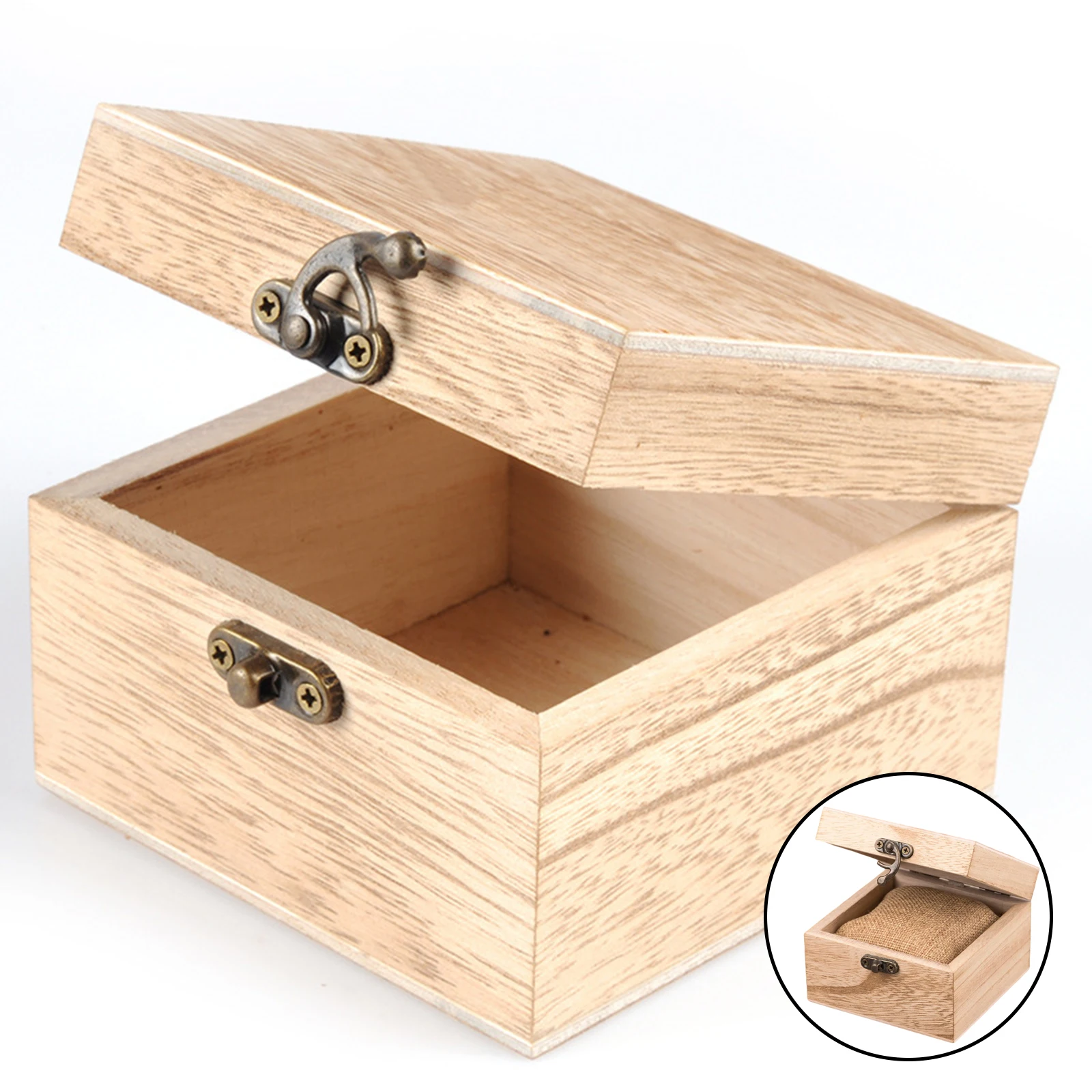 Classic Square Unpainted Wooden Watch Case Jewelry Box Organizer
