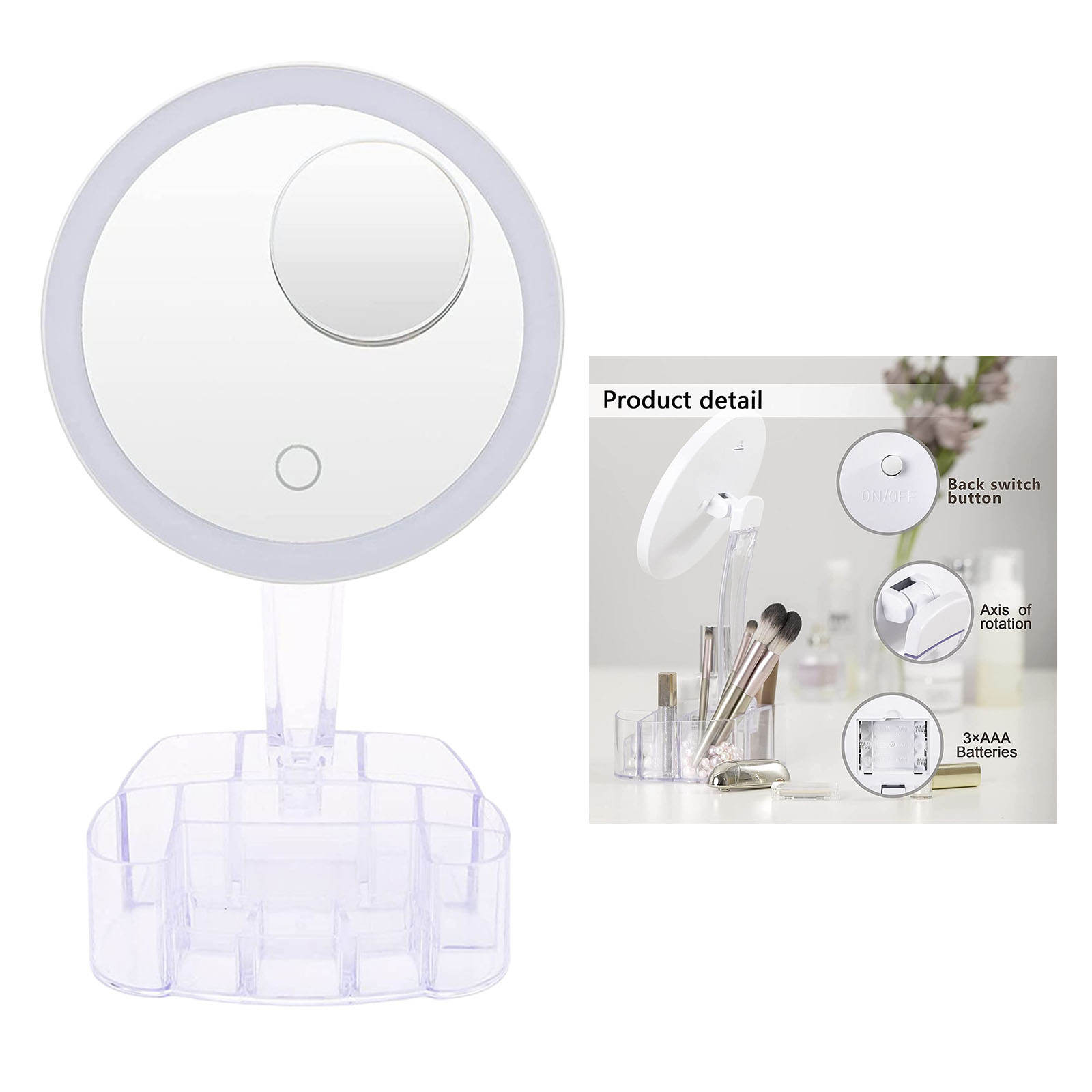 Makeup Mirrors w/ Storage Box Dimming Vanity w/ Detachable 10X Magnification Touch Screen Powered by Battery