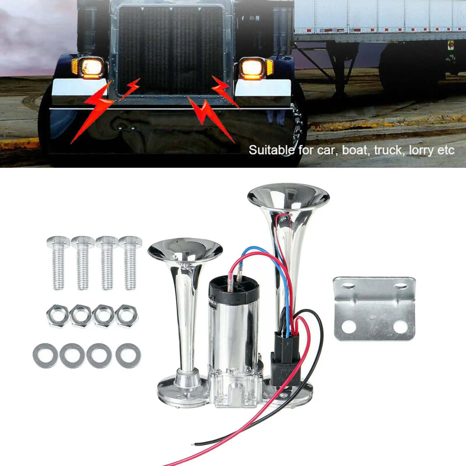 600DB 12V Dual Trumpet Super Loud Car Air Horn Speaker with Compressor Set, Easy to Install