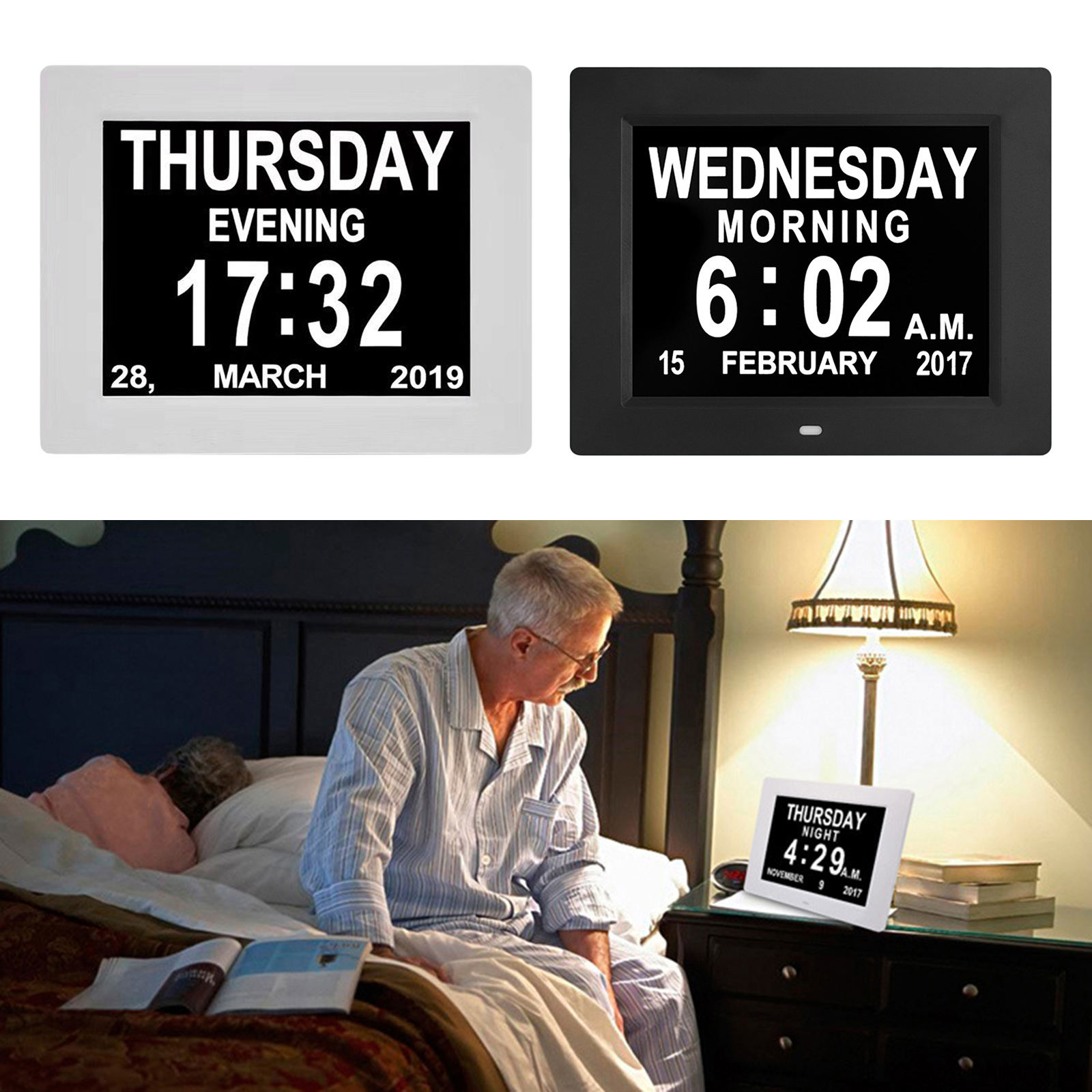 Digital Day Clock Photo Frame Custom Alarms Auto Dimmable 5 Daily Alarms Helps for Elderly Memory Loss Dementia or Kids EU