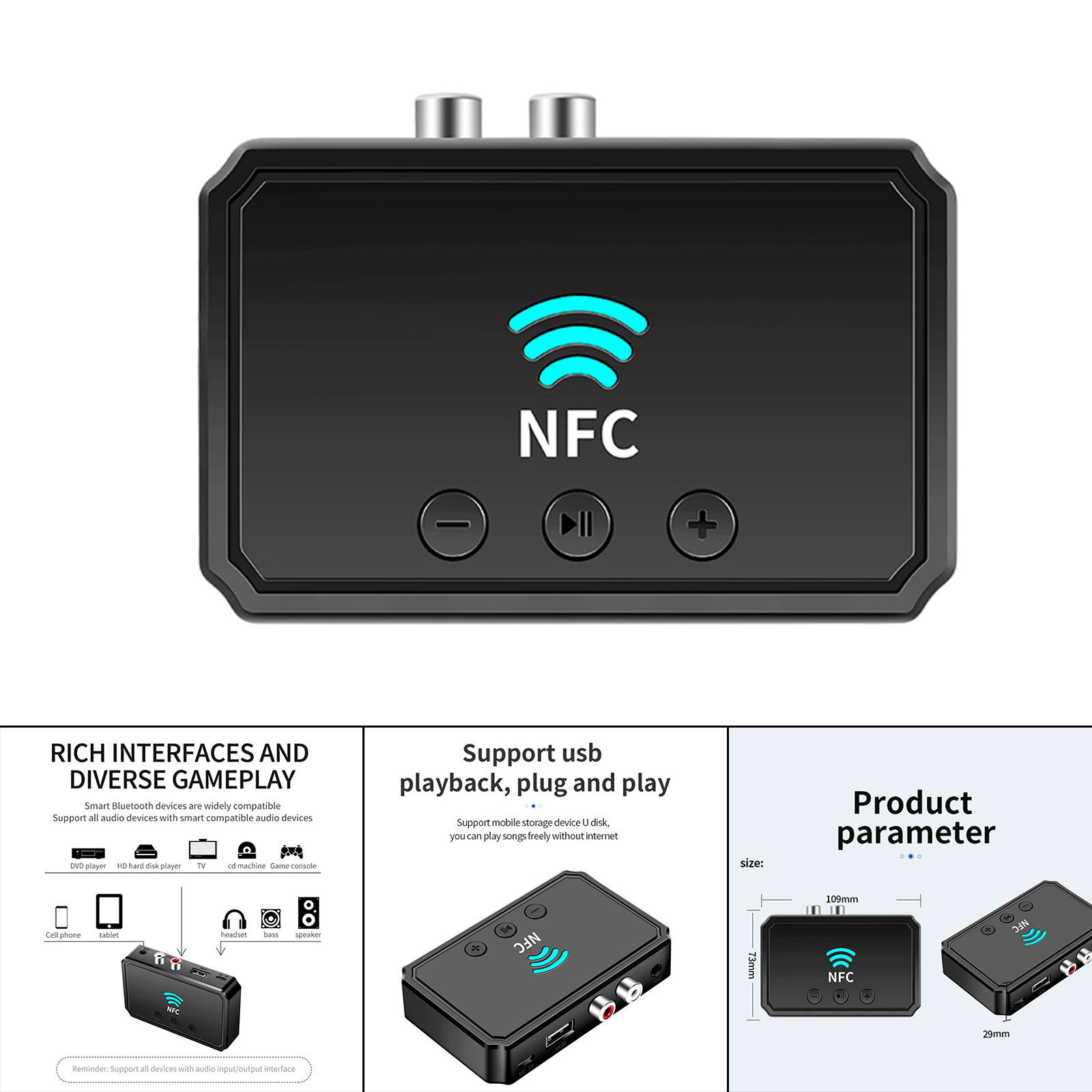 NFC Bluetooth 5.0 Audio Adapter Transmitter Plug and Play Music Streaming Wireless 3.5mm AUX/RCA Receiver for Speaker Headphone