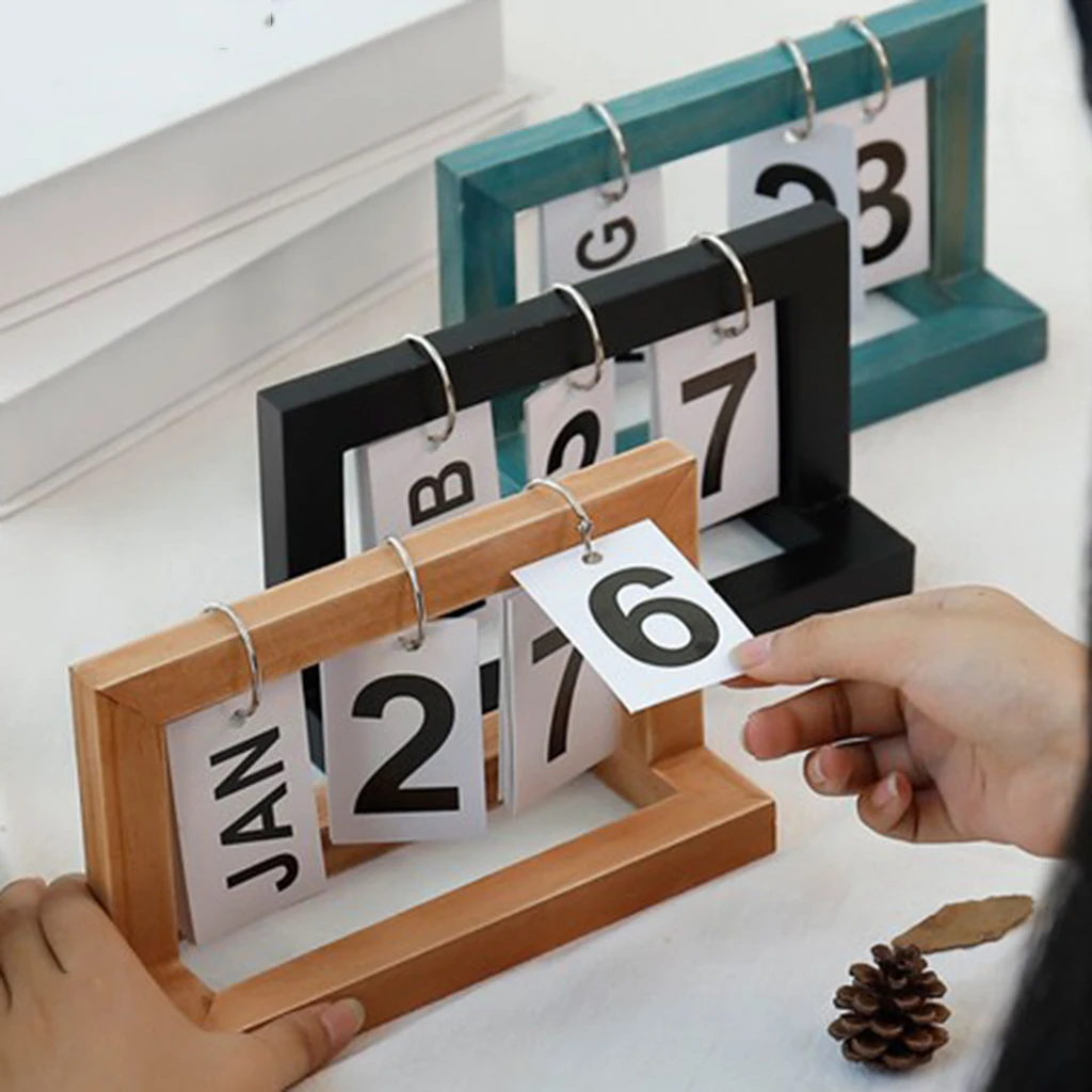 Vintage Wooden Perpetual Flip Desk Calendar for Home Dorm Office Decoration Christmas Birthday Gifts Tabletop Ornament
