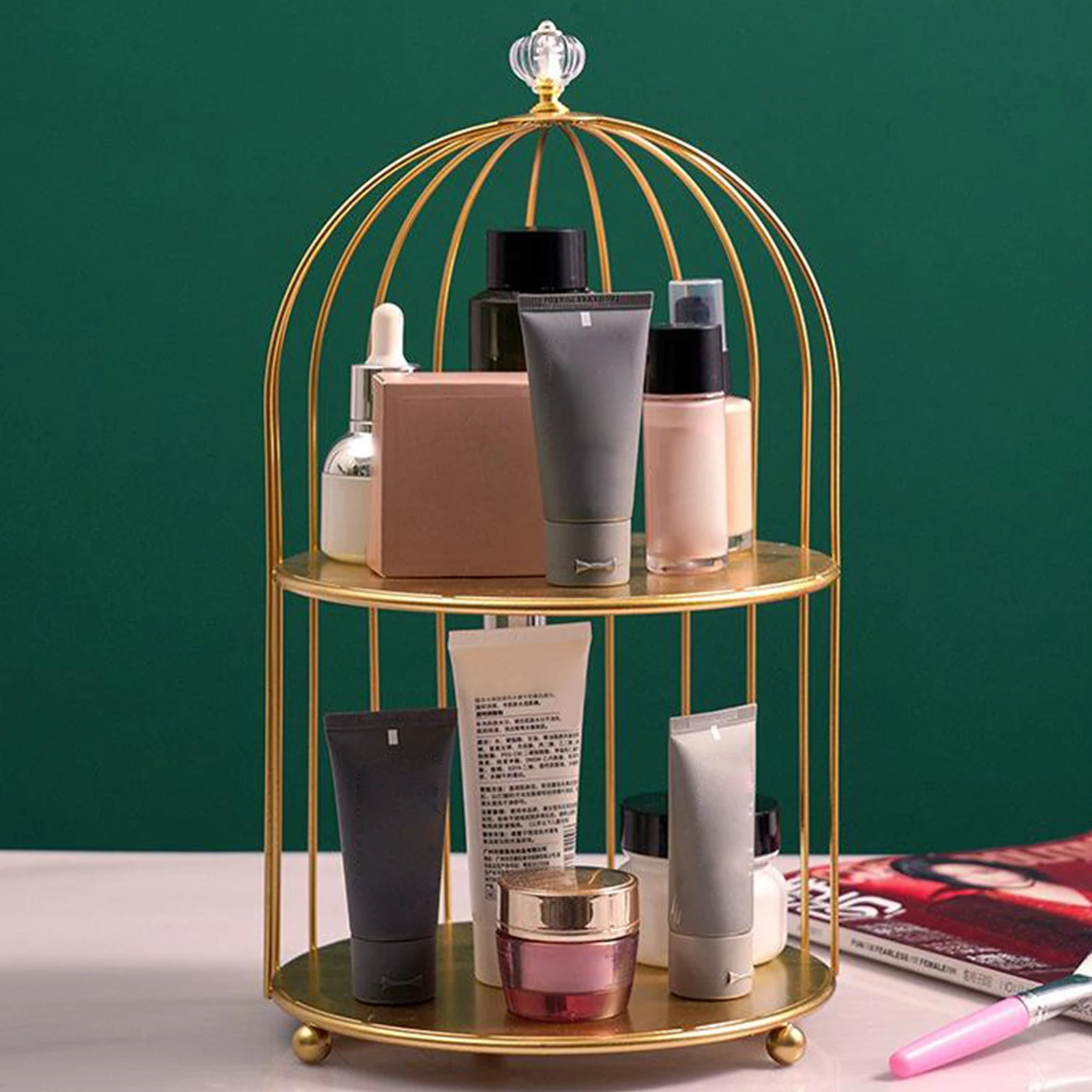 Nordic Bird Cage Desktop Organizer Cosmetic Makeups Display Spice Jar Rack Skincare Organise Jewellery Display Holde