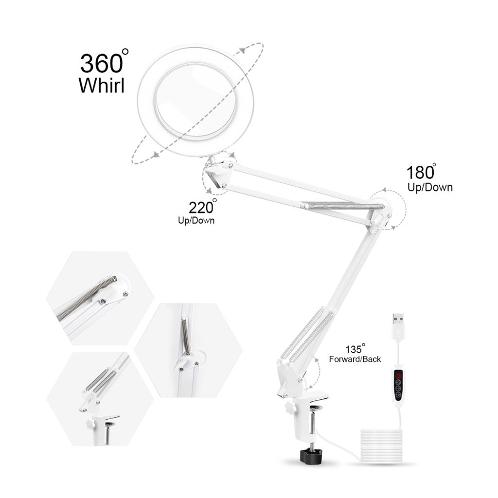 LED Reading Lamp 5X Magnifying Glass Light Clamp on Magnifier Lens Flexible Adjustable Swivel Arm 105mm Diamter, Clamp on