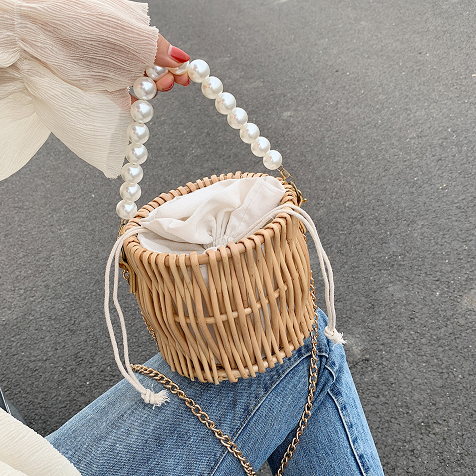 Senhora mão tecido rattan palha saco boho
