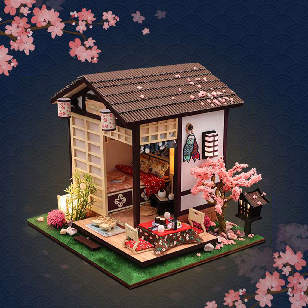 DIY Dollhouse with Realistic Furniture LED Light Battery Case Wooden Japanese Cottage Toys for Kids Adults Birthday