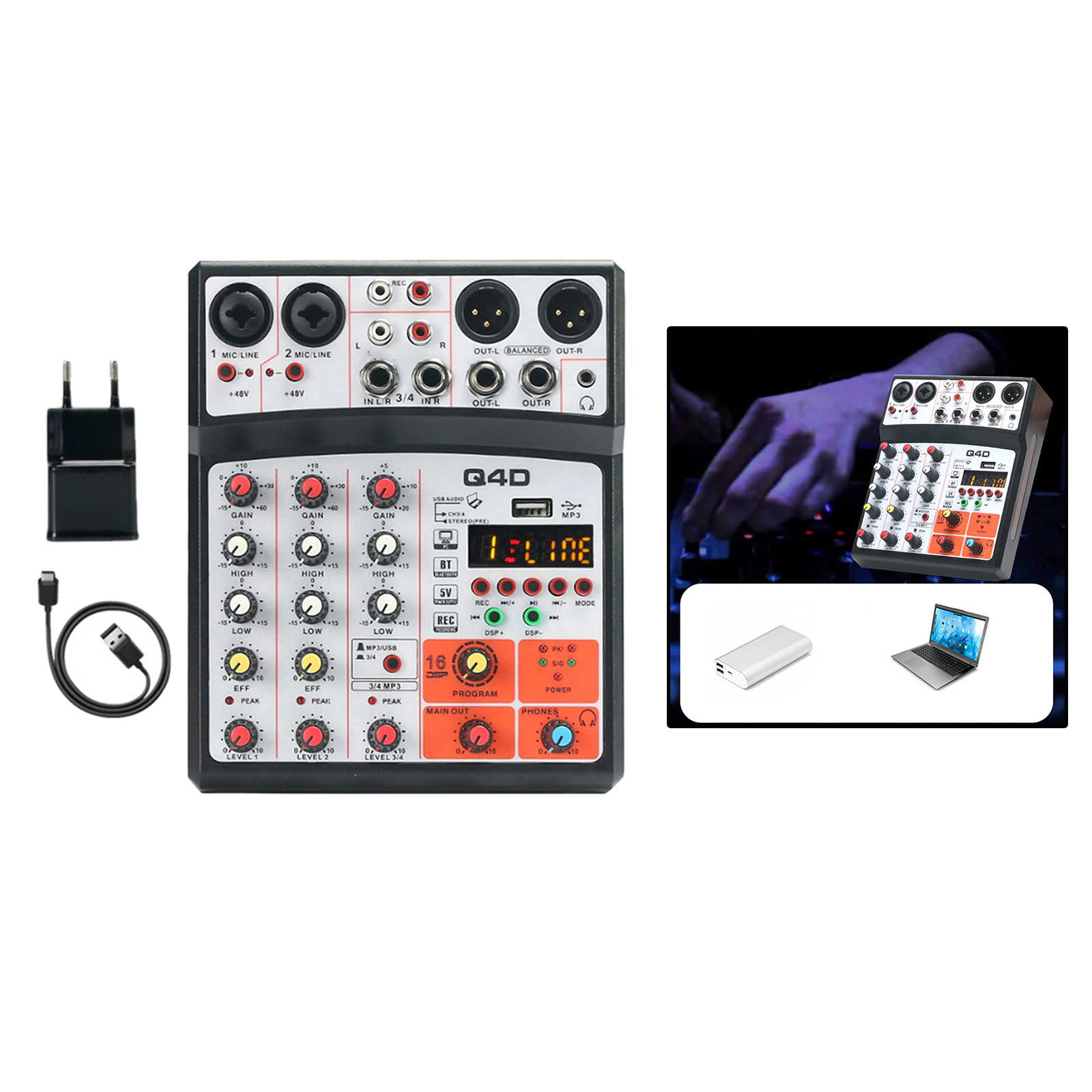 4 Channels Audio Sound Mixer Mixing USB 16DSP Effects MP3 Input White