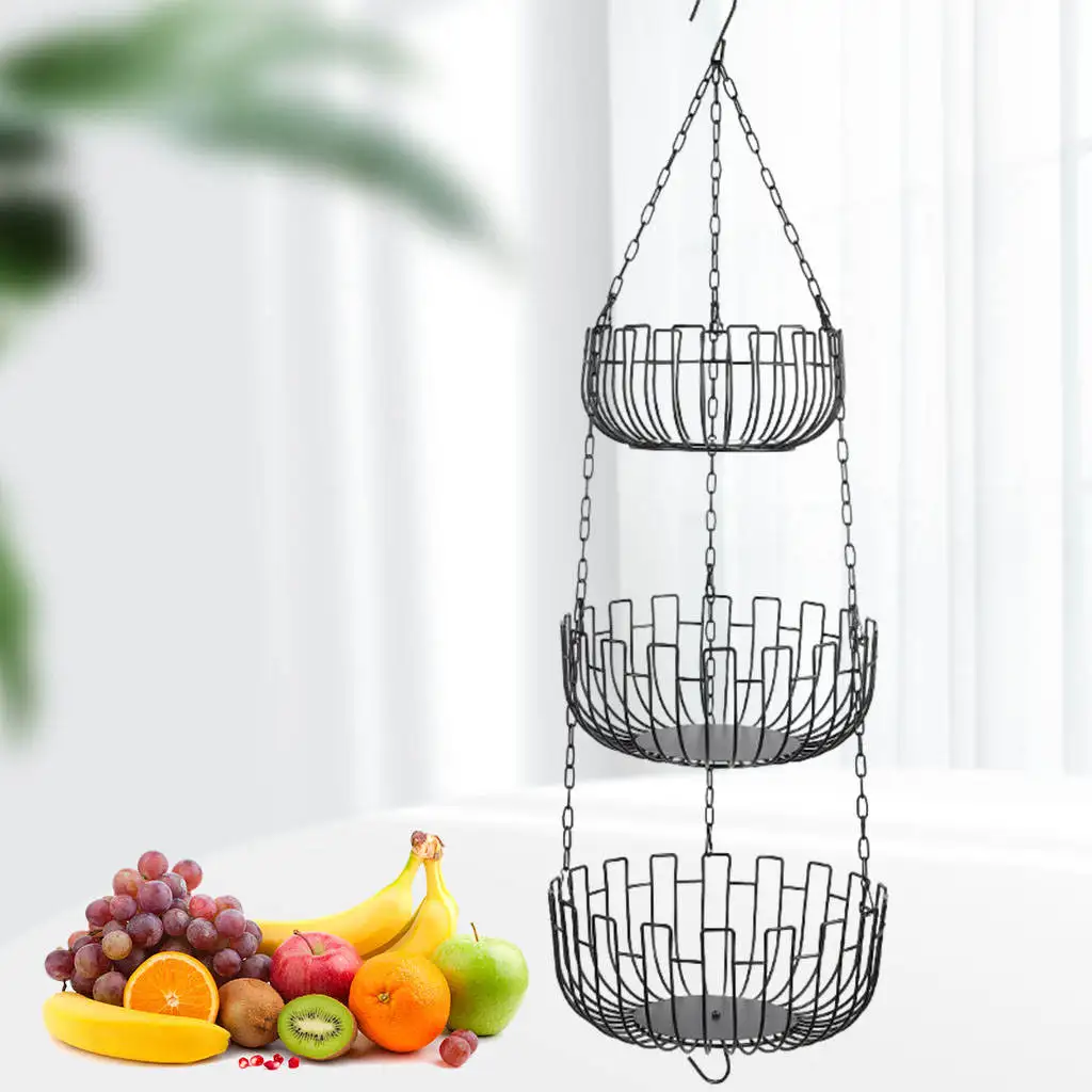 Artistic Design 3 Tier Iron Hanging Hollow Fruit Hanging Basket Folding Hanging Basket Storage Tools