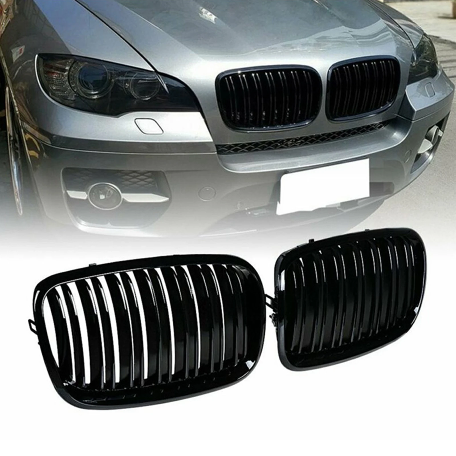 Black Front Kidney Double Line Grill Grille for BMW X5 E70 E71 2007 2008 2009 2010 2011 2012 2013, ABS Gloss Black Grill Set