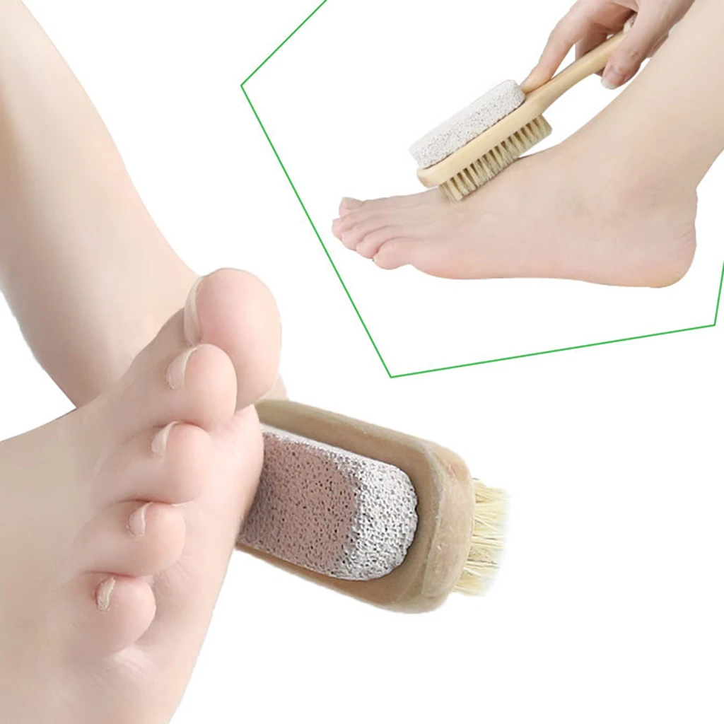 2 in 1 Wooden Handle Foot Stone Callus Brush Scrubber Dead Skin Pedicure Exfoliate Remover Foot Care Supplies