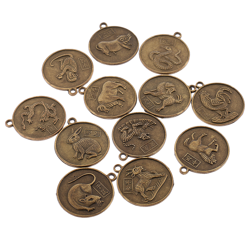 12pcs Bronze Chinese Zodiac Horoscope Animals Charms Necklace Amulet Pendant