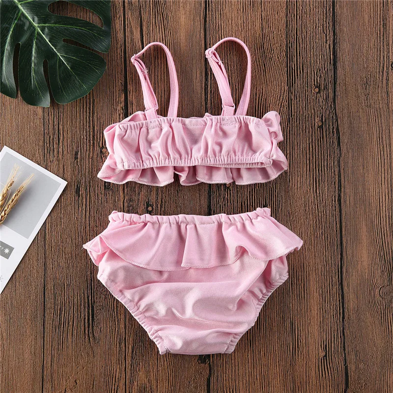 Beach Robe Cover Up Kids Baby Girls Summer 2 Pieces Swimsuit Solid Color Ruffle Sling Tops + High Waist Triangle Shorts Swimwears Beach Swimming 3 piece swimsuit with cover up