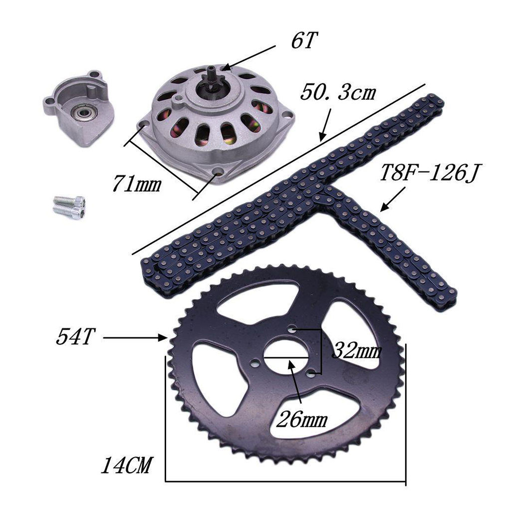 Motorcycle Sprocket Kit, Replacement Parts, 54T 26mm Rear Sprocket and T8F Chain with 6 Teeth  for Mini Pocket Bike
