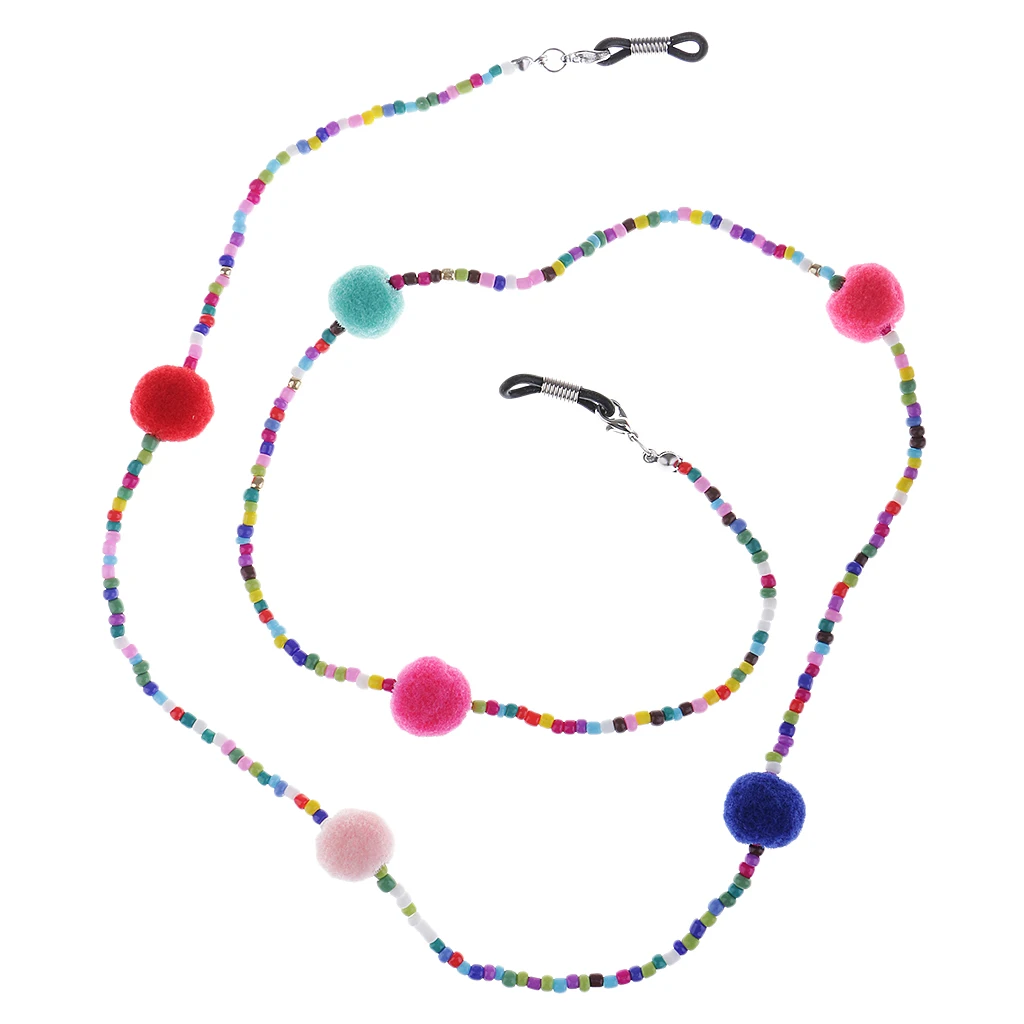 Anti Slip Colorful Beads Plush Ball Eyeglass Holder Chain Necklace Lady