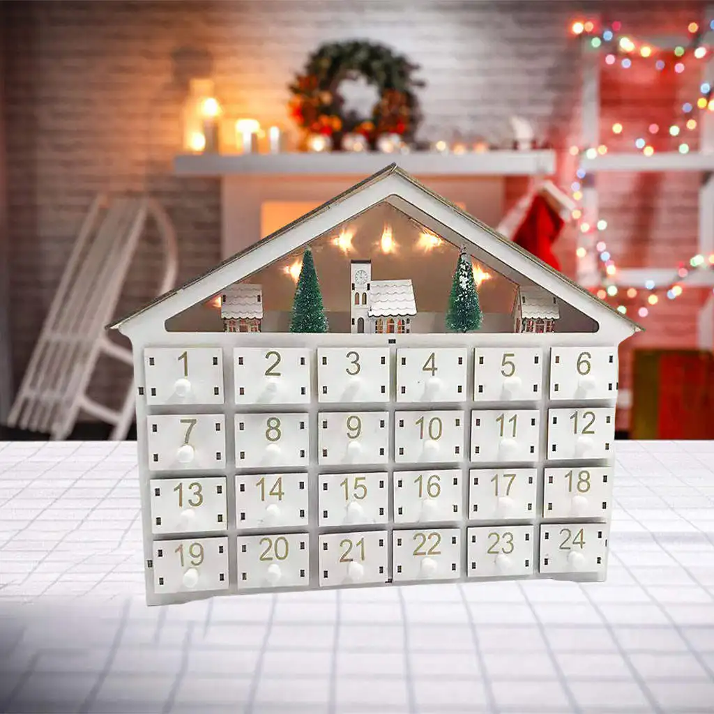 Christmas Wooden Advent Calendar 24 Storage Drawers LED Lights for Ornaments