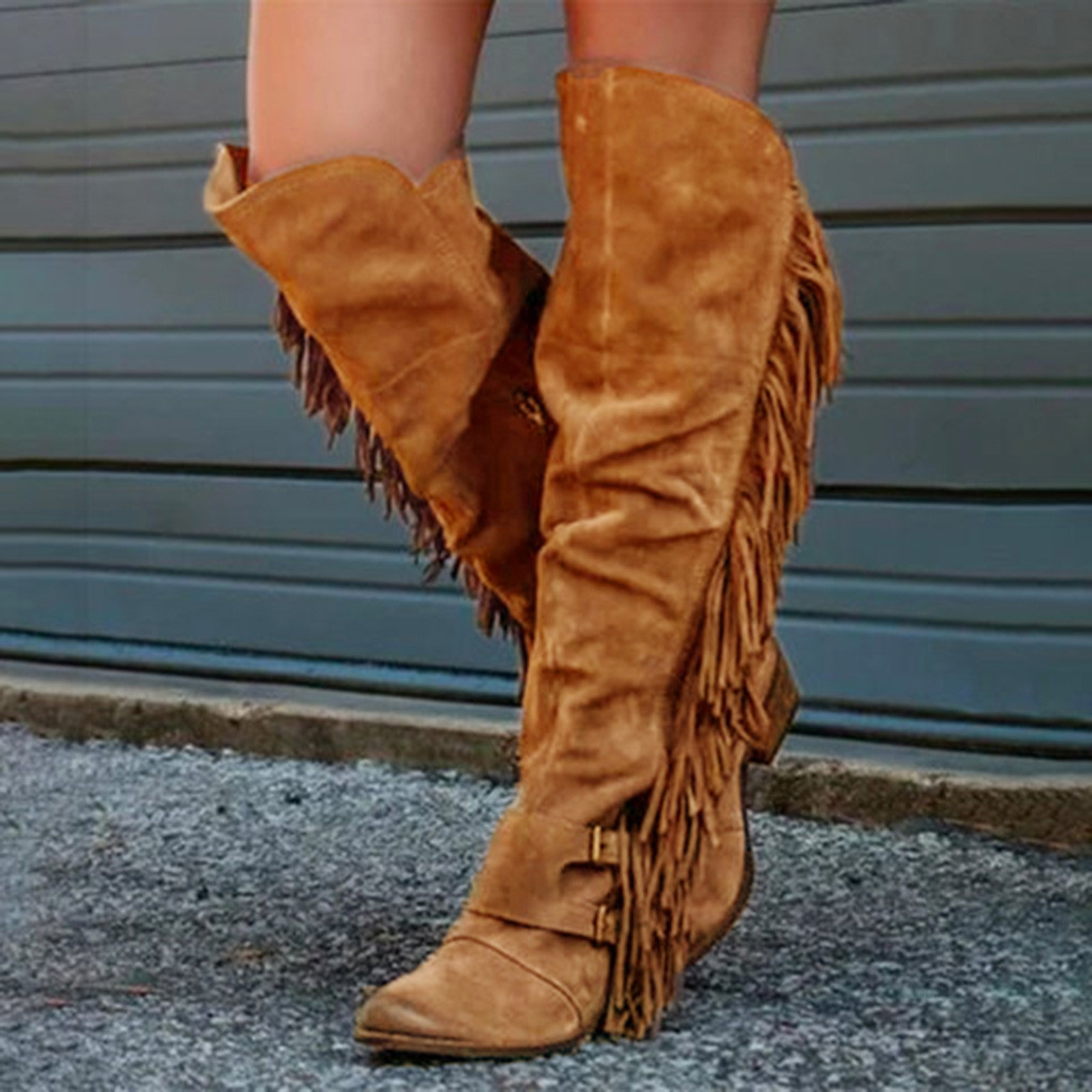 knee high fringe boots womens