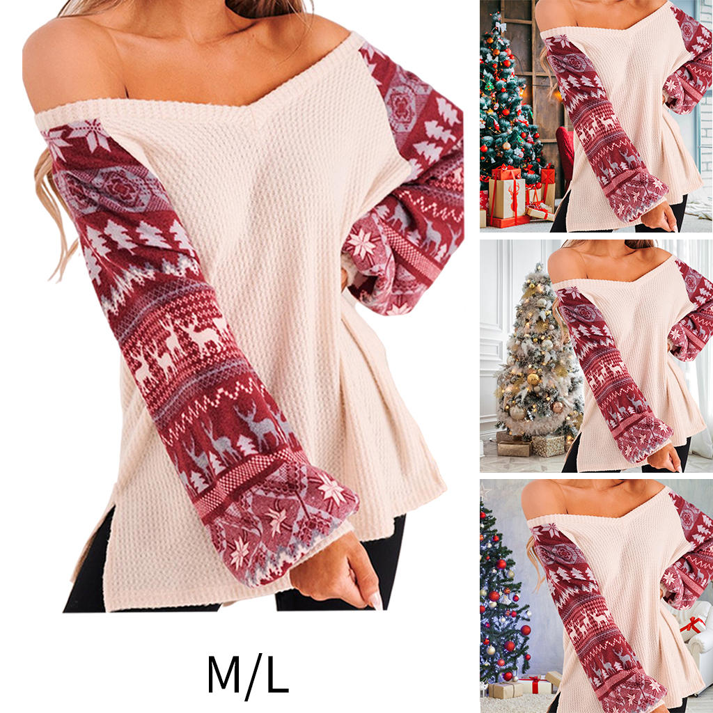 V -neck Christmas Women Sweater Pullover Sweatshirt Santa Clothes for Holiday Ladies