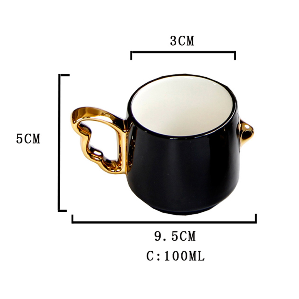 Porcelain Mugs - 100ML/ 3.4 Ounce for Coffee, Hot Tea, Cocoa, Set of 5 Pieces, Black Color, Birds Wing Handle