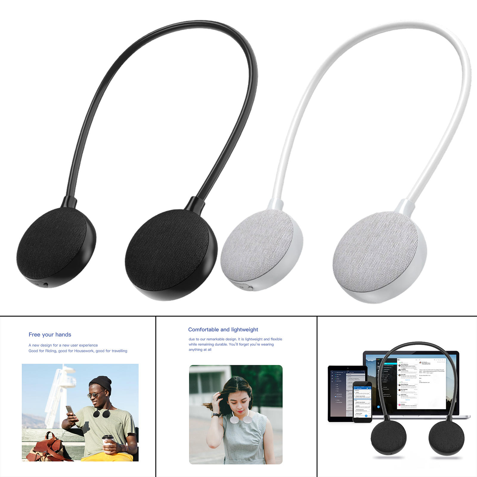 Wireless Neckband Speaker IPX5 Rechargeable Bluetooth Practical 600mAh Compact Stereo Neck Speaker for