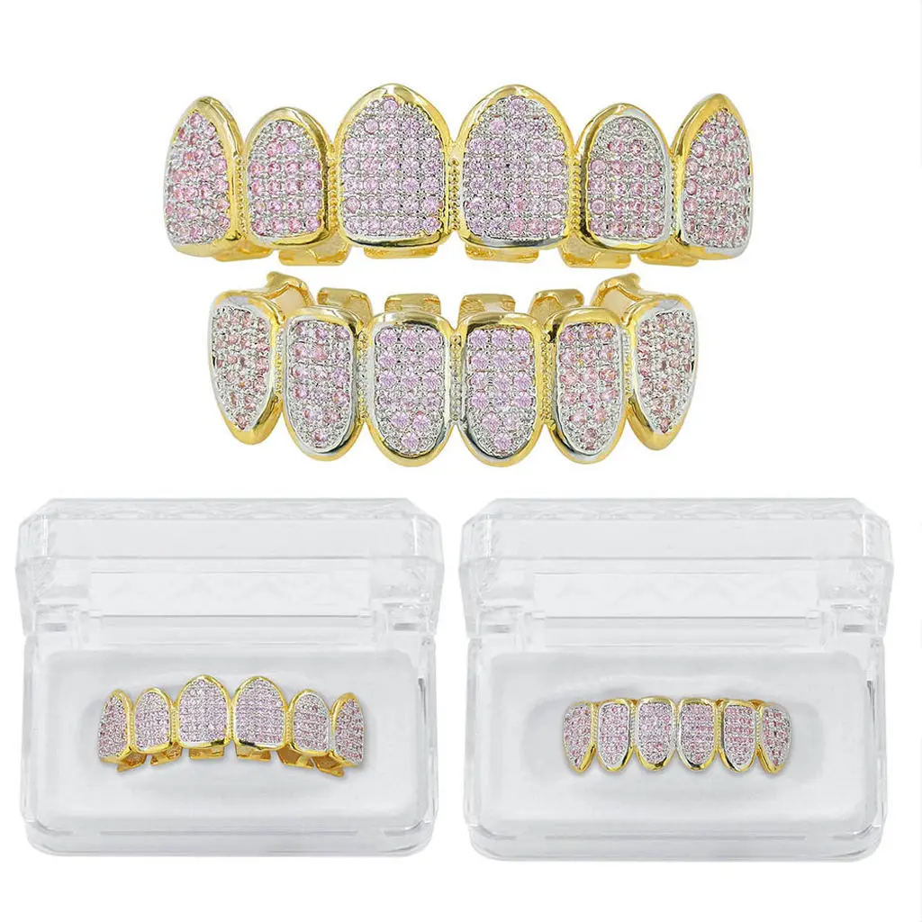 Halloween Hip Pink Crystal CZ Top Bottom   Mouth Teeth Grills 18K Gold