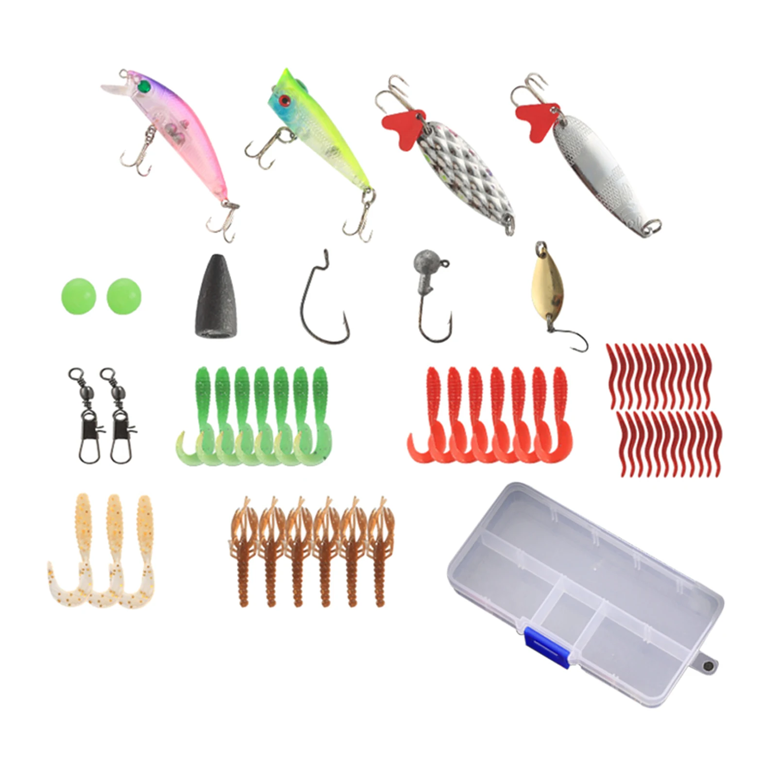 59 Mixed Fishing Lures, Including Hooks, Crankbaits,  Baits, Plastic Worms And Tackle Box