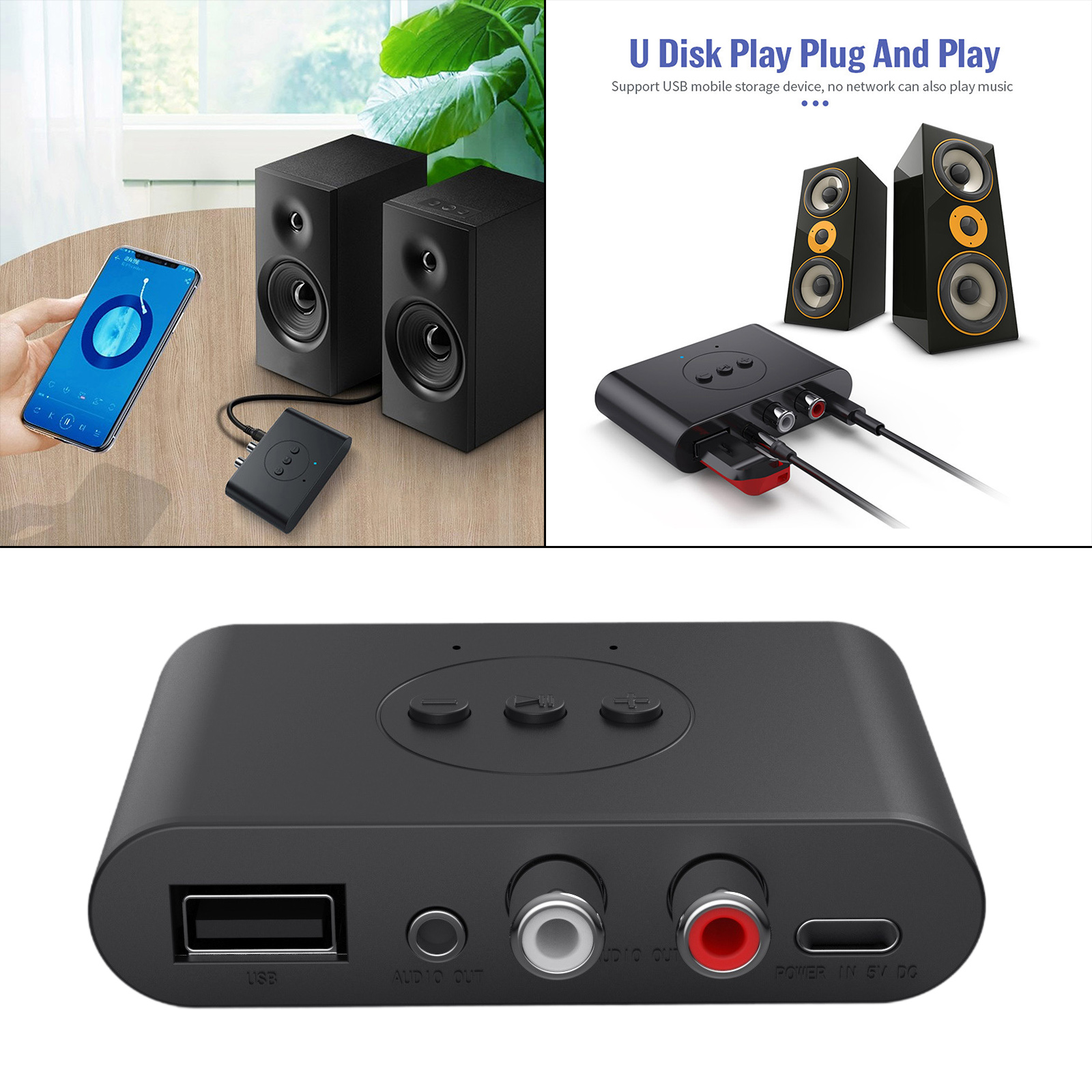 Bluetooth 5.0 Receiver, Bluetooth Audio Adapter USB 3.5mm RCA Audio Support U Disk NFC for TV Home Stereo System Low Latency