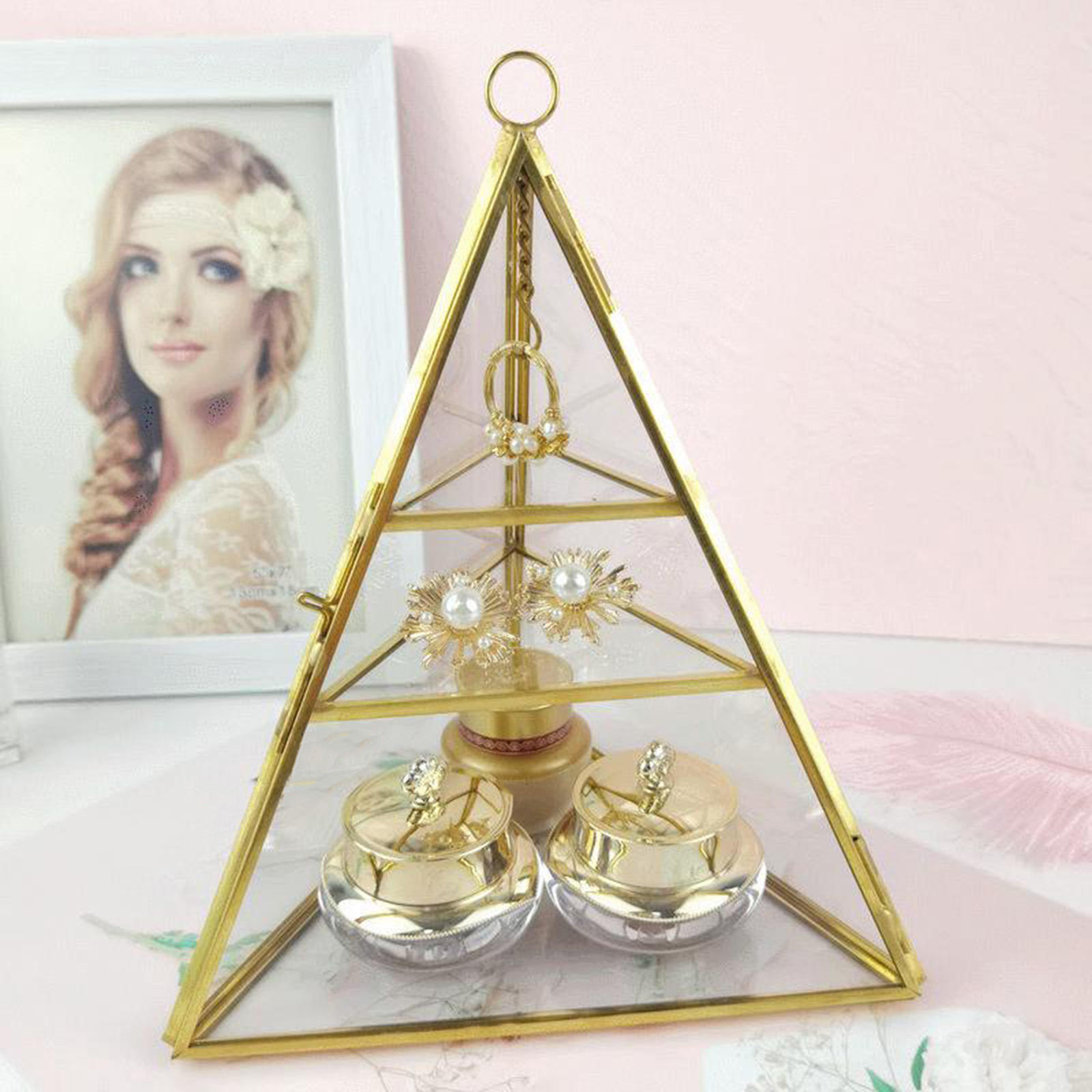 3 Tiers Clear Pyramid Glass Mirrored Jewelry Trinket Box Necklace Bracelets
