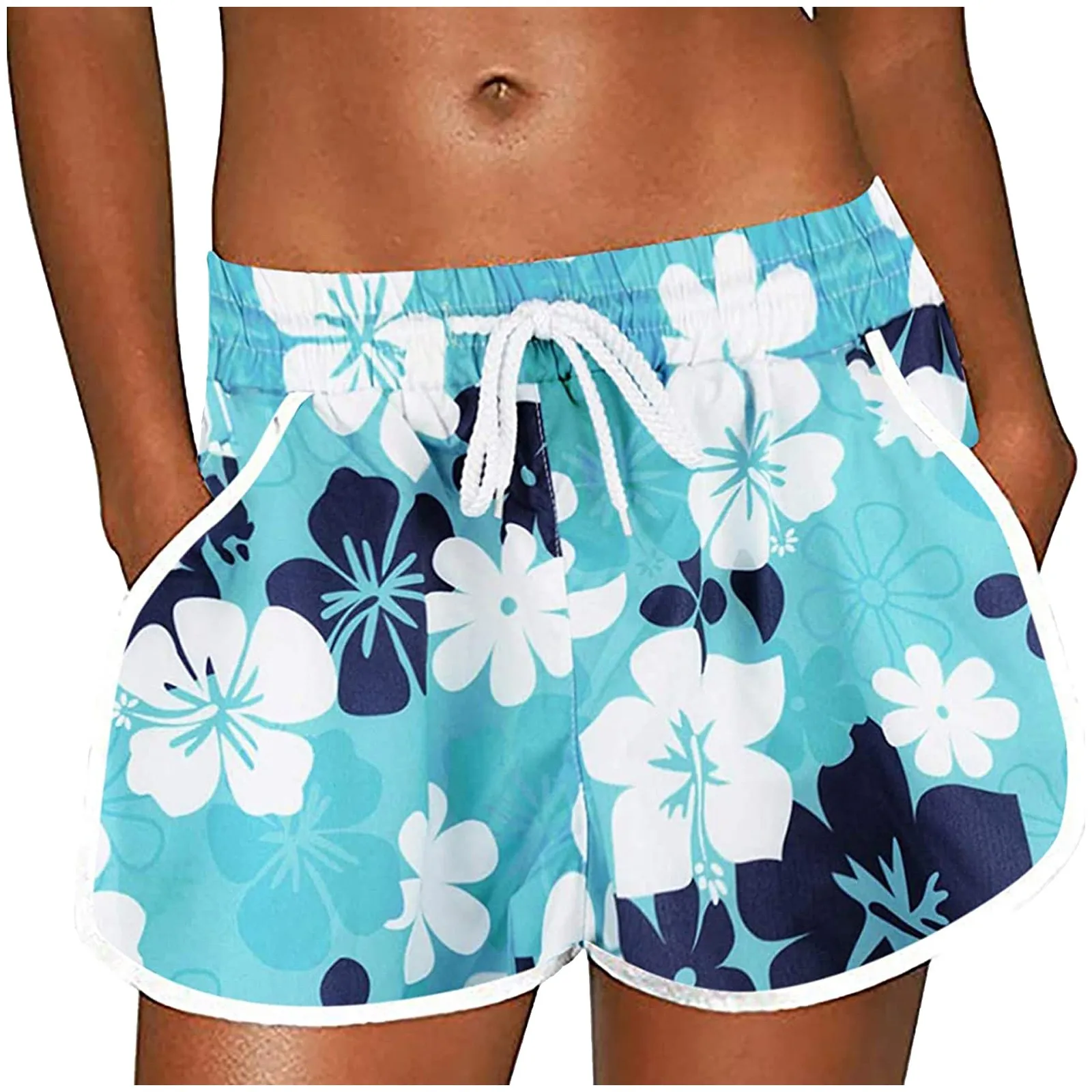 Lace Floral High Waist Beach Shorts Swimwear with Drawstring for Summer Black N /C Female Swimming Trunks 