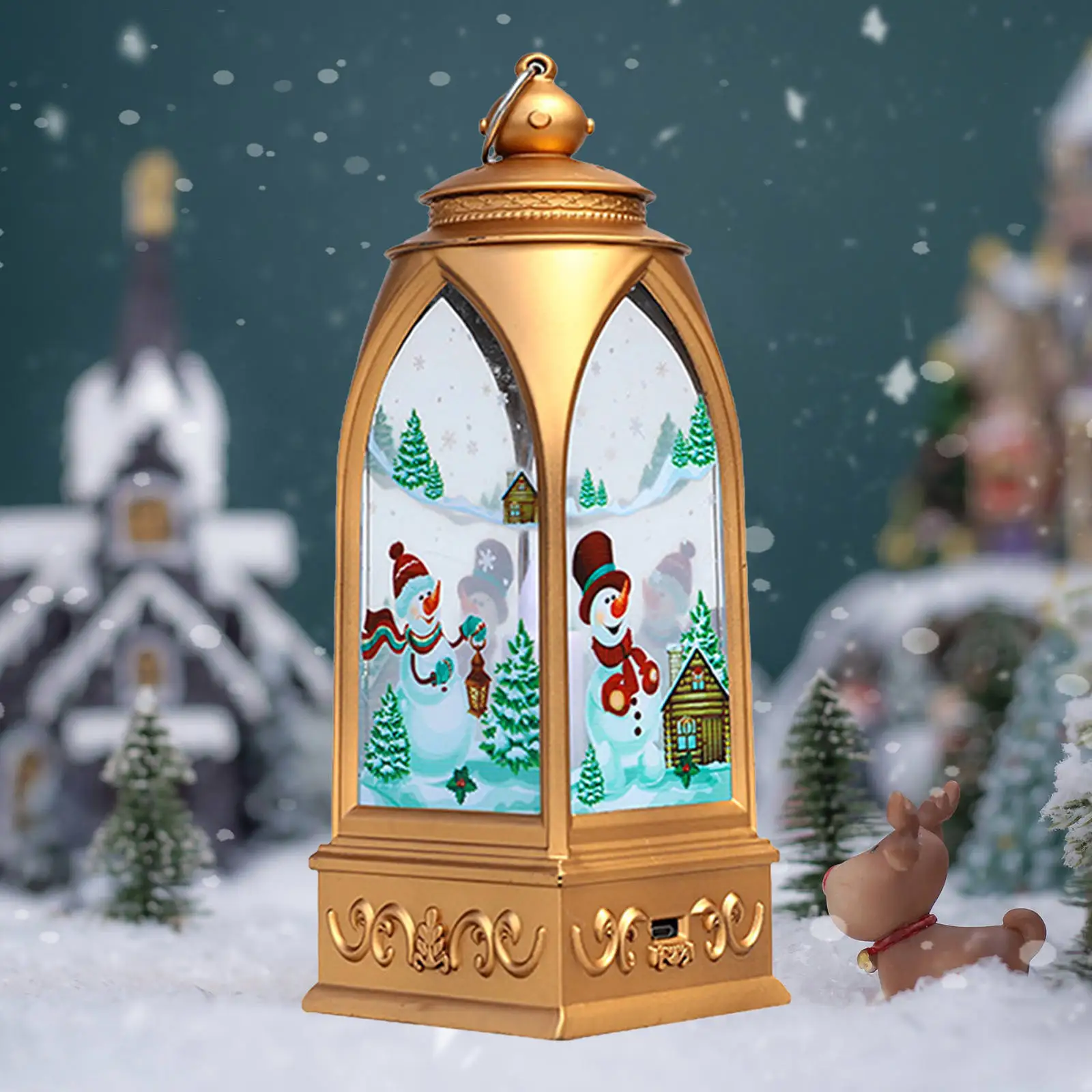 Christmas Lantern Ornament LED Light up Elk Snow Globe Warm Yellow for Decoration Bedroom