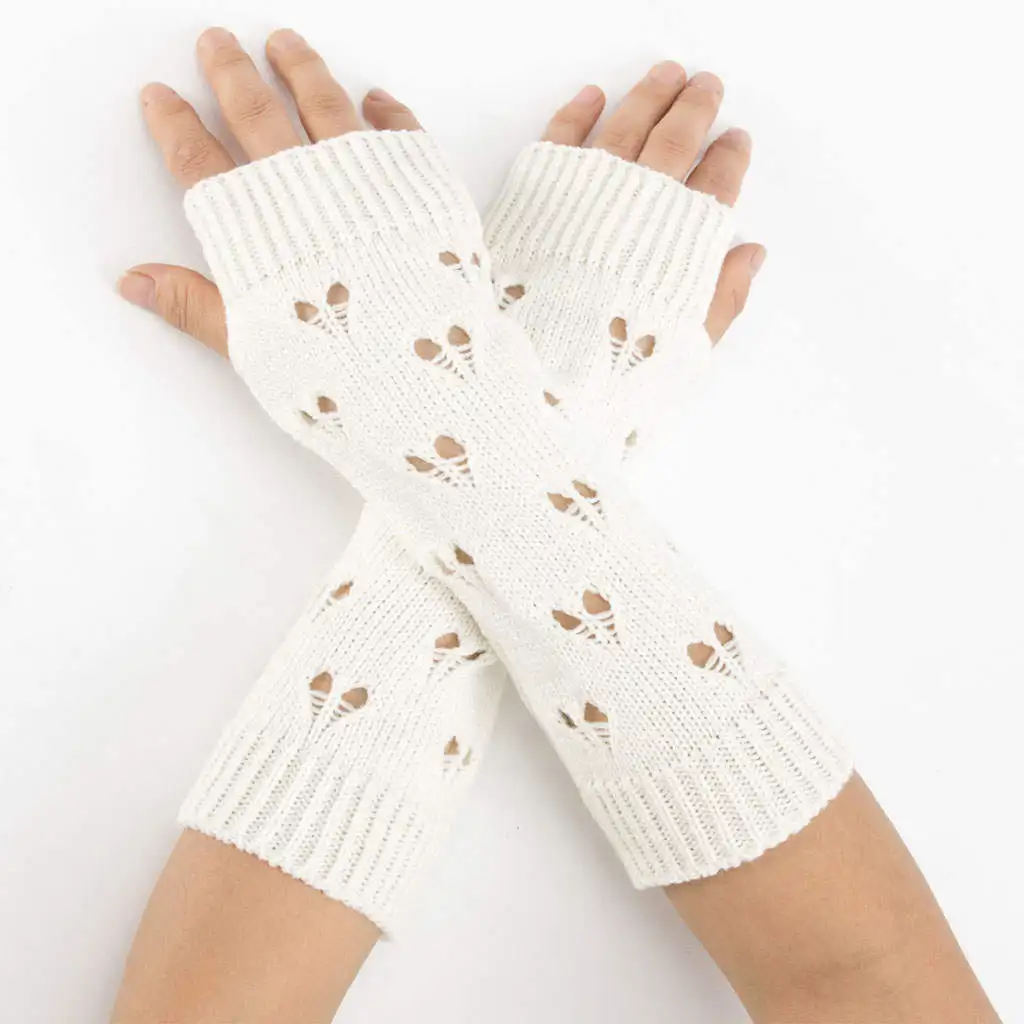 Women Winter Half Finger Gloves Long Wrist Arm Hand Warmer Knit with Thumb Hole Heart Hollow Design Fashion Solid Color Mittens