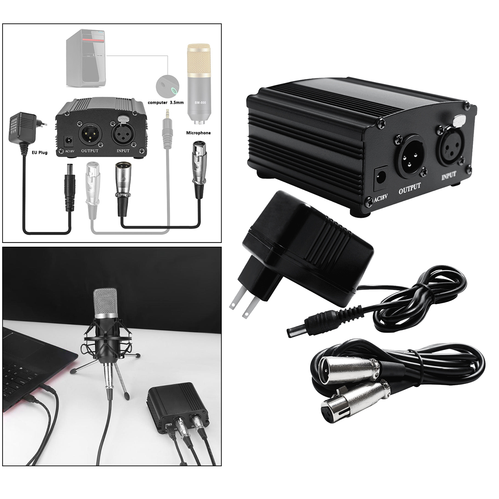 48V Phantom Power Supply with Charging Cable and XLR Cable for Microphone